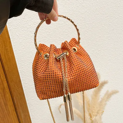 Women Fashion Rhinestone Tassel Drawstring Bucket Crossbody Bag