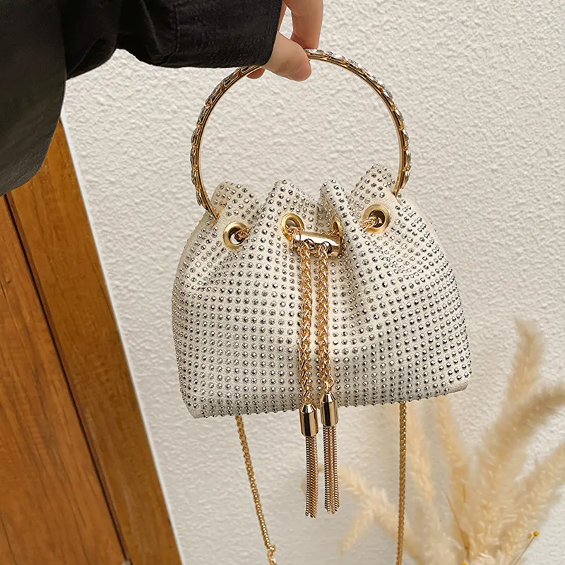 Women Fashion Rhinestone Tassel Drawstring Bucket Crossbody Bag