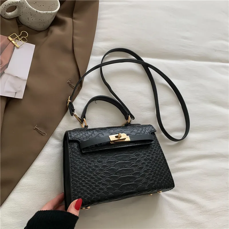 Women Street Trend Square Lock Handle PU Shoulder Bag Small Latch Closure