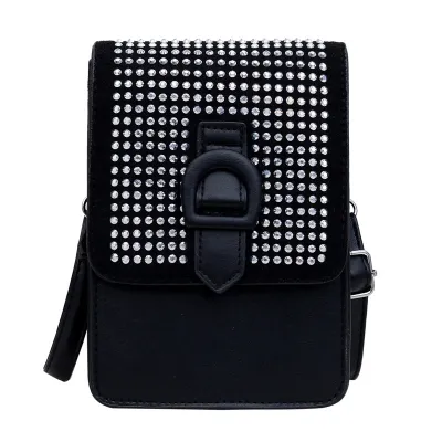 Women Fashion Vertical Rhinestone Square Crossbody Bag PU Medium