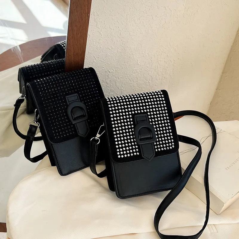 Women Fashion Vertical Rhinestone Square Crossbody Bag PU Medium