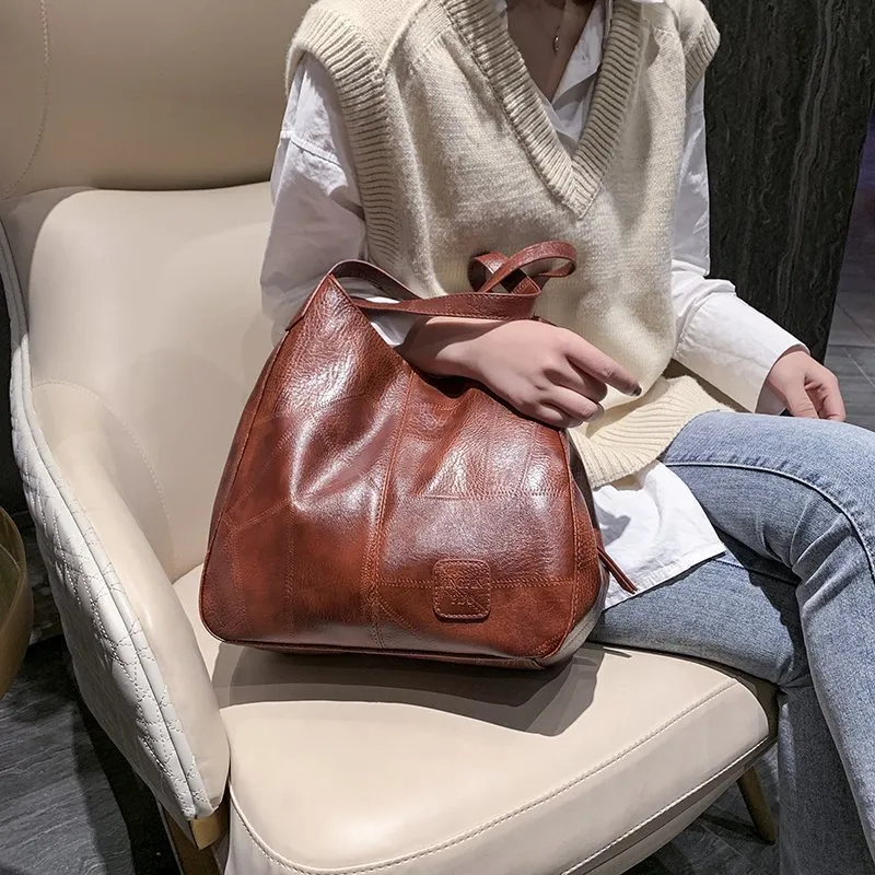 Women Vintage Simple Large Capacity PU Tote Shoulder Bag