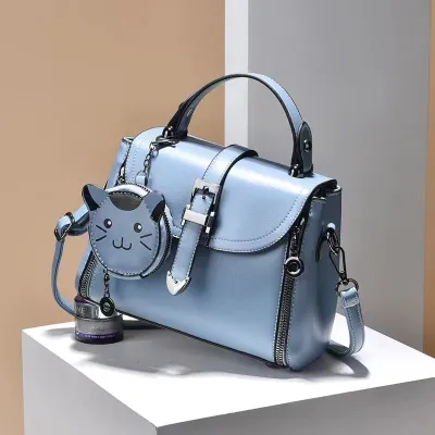 Women Simple Solid Color Cat Wallet Pendant Large Capacity PU Handbag Small Square Bag