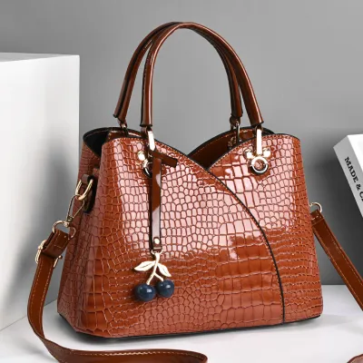 Women Fashion Crocodile Pattern Cherry Pendant Large Capacity Handbag