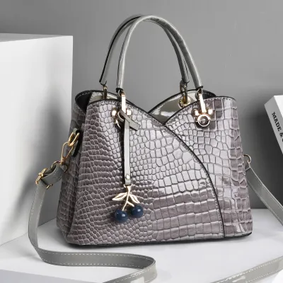 Women Fashion Crocodile Pattern Cherry Pendant Large Capacity Handbag