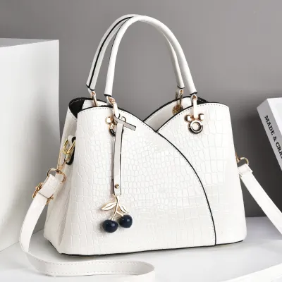 Women Fashion Crocodile Pattern Cherry Pendant Large Capacity Handbag