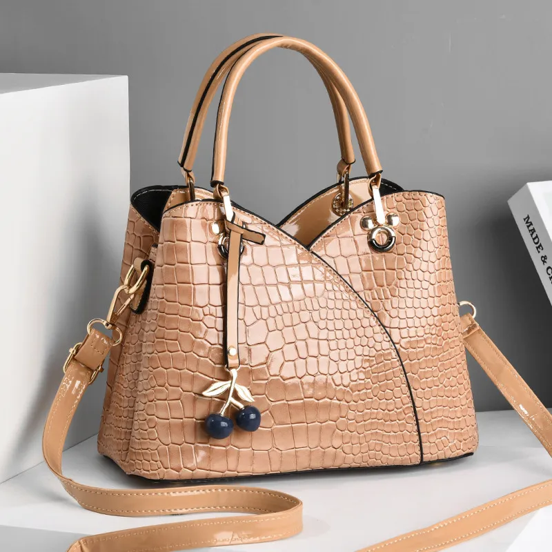 Women Fashion Crocodile Pattern Cherry Pendant Large Capacity Handbag