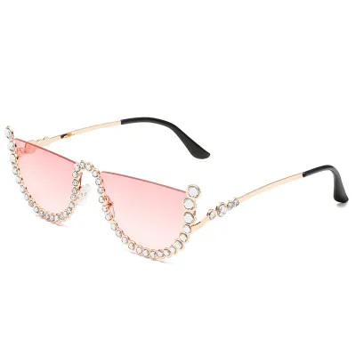 Women Fashion Creative Half Frame Rhinestone Cut-Edge Heart Sunglasses