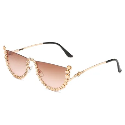 Women Fashion Creative Half Frame Rhinestone Cut-Edge Heart Sunglasses