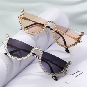 Women Fashion Creative Half Frame Rhinestone Cut-Edge Heart Sunglasses