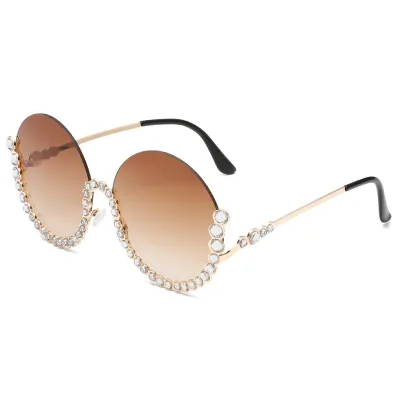 Women Fashion Round Frame Rhinestone Half Frame Cut Edge Metal Sunglasses
