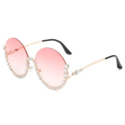Women Fashion Round Frame Rhinestone Half Frame Cut Edge Metal Sunglasses
