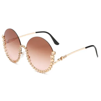 Women Fashion Round Frame Rhinestone Half Frame Cut Edge Metal Sunglasses