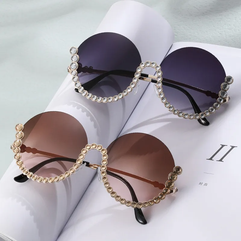 Women Fashion Round Frame Rhinestone Half Frame Cut Edge Metal Sunglasses