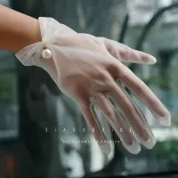 Women Fashion Mesh Lace Pearl Pendant Short Gloves