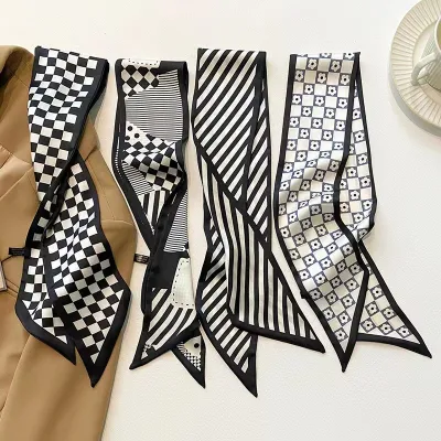 Women Fashion Black Plaid Printed Thin Narrow Long Scarves 20-Bag