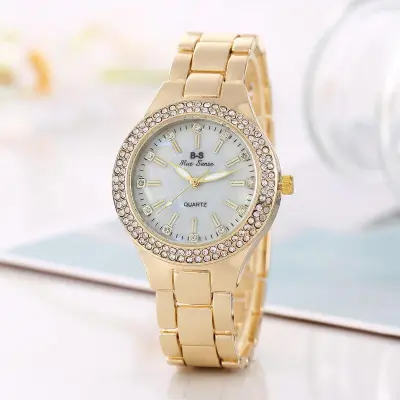 Women Fashion Simple Round Dial Rhinestone Quartz Watch 30M Waterproof Stainless Steel Band