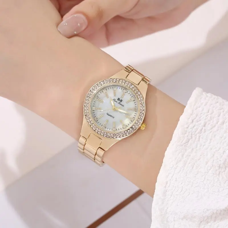Women Fashion Simple Round Dial Rhinestone Quartz Watch 30M Waterproof Stainless Steel Band