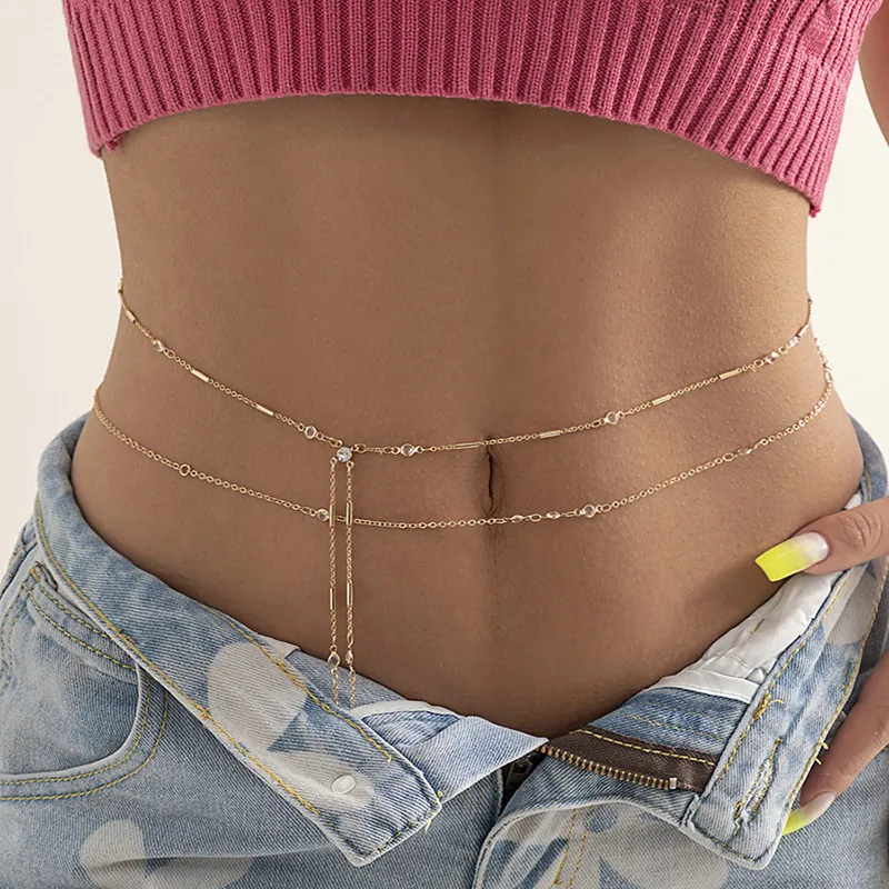 Women Fashion Imitation Crystal Zircon Tassel Thin Chain Body Chain