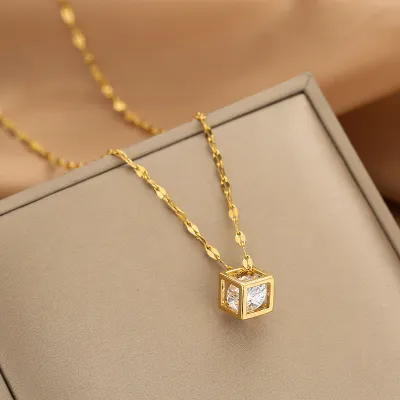 Women Fashion Square Hollow Rhinestone Pendant Titanium Steel Necklace