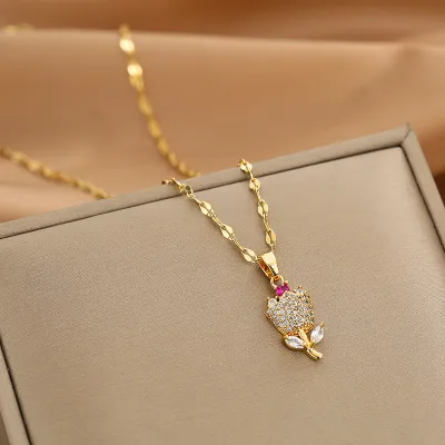 Women Fashion Square Hollow Rhinestone Pendant Titanium Steel Necklace