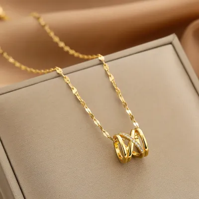 Women Fashion Square Hollow Rhinestone Pendant Titanium Steel Necklace