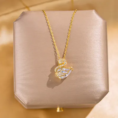 Women Fashion Square Hollow Rhinestone Pendant Titanium Steel Necklace