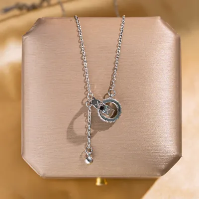 Women Fashion Square Hollow Rhinestone Pendant Titanium Steel Necklace
