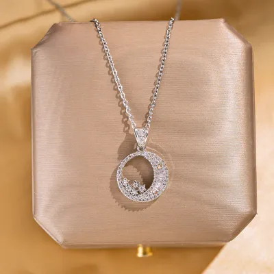 Women Fashion Square Hollow Rhinestone Pendant Titanium Steel Necklace