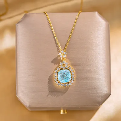 Women Fashion Square Hollow Rhinestone Pendant Titanium Steel Necklace