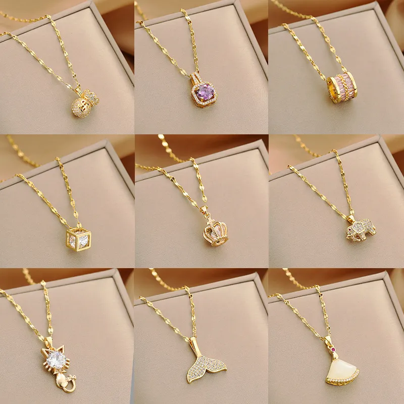 Women Fashion Square Hollow Rhinestone Pendant Titanium Steel Necklace