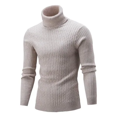 Autumn Winter Vintage High Collar Long Sleeve Men Casual Solid Color Knitted Sweater