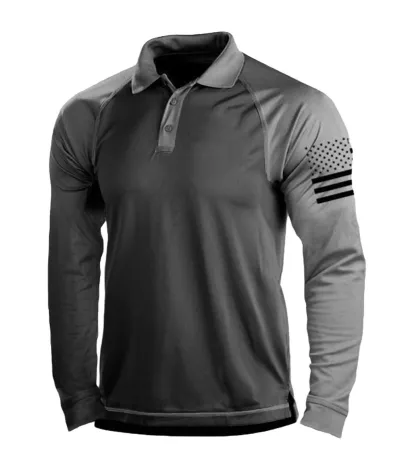 Men Outdoor Casual American Flag Printed Tactical Sport Polo Collar Long Sleeve T-Shirt