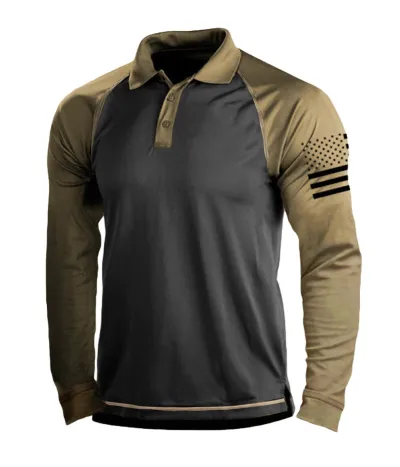 Men Outdoor Casual American Flag Printed Tactical Sport Polo Collar Long Sleeve T-Shirt
