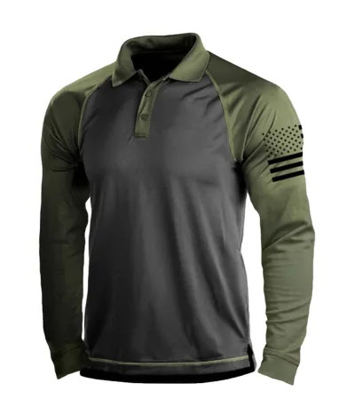 Men Outdoor Casual American Flag Printed Tactical Sport Polo Collar Long Sleeve T-Shirt