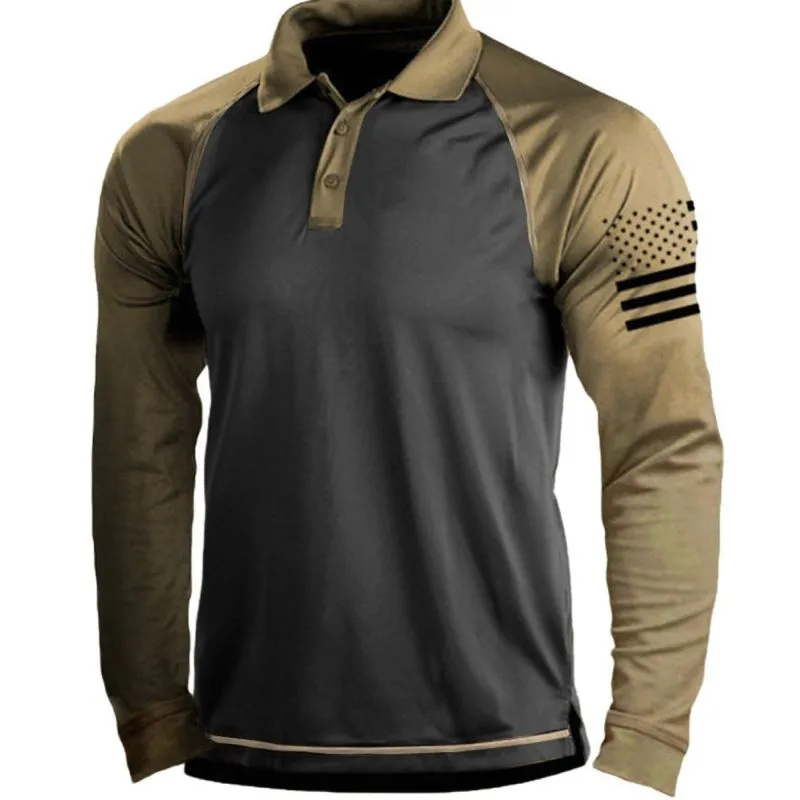 Men Outdoor Casual American Flag Printed Tactical Sport Polo Collar Long Sleeve T-Shirt