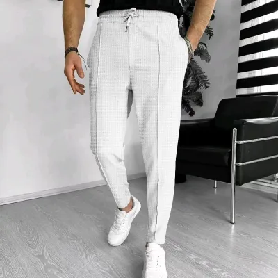 Summer Men Waffle Drawstring Sports Casual Trousers