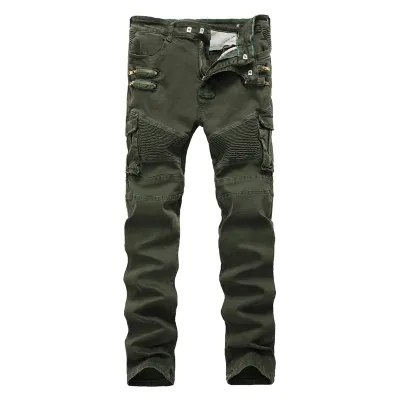 Men Biker Pleated Stretch Leg Casual Multi-Pocket Zipper Slim-Fit Cargo Pants