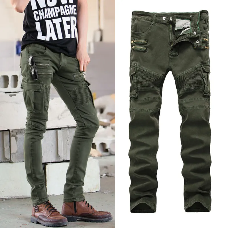 Men Biker Pleated Stretch Leg Casual Multi-Pocket Zipper Slim-Fit Cargo Pants