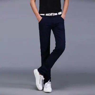 Summer Casual Men Straight Slim Solid Color Cotton Pants