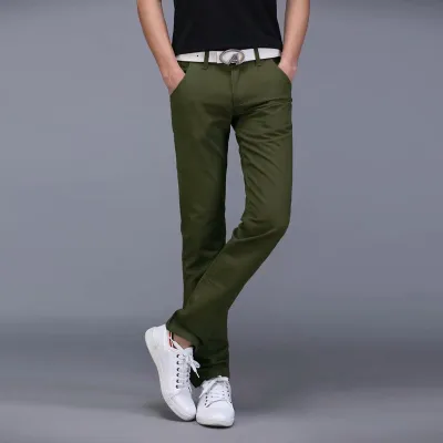 Summer Casual Men Straight Slim Solid Color Cotton Pants