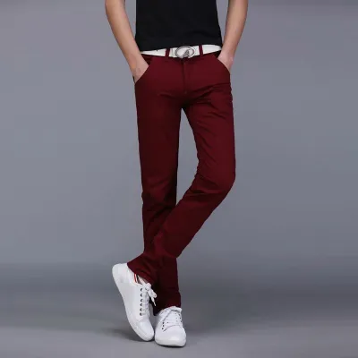 Summer Casual Men Straight Slim Solid Color Cotton Pants