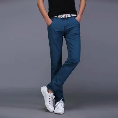 Summer Casual Men Straight Slim Solid Color Cotton Pants
