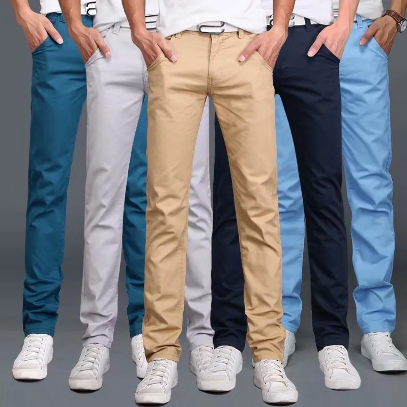 Summer Casual Men Straight Slim Solid Color Cotton Pants