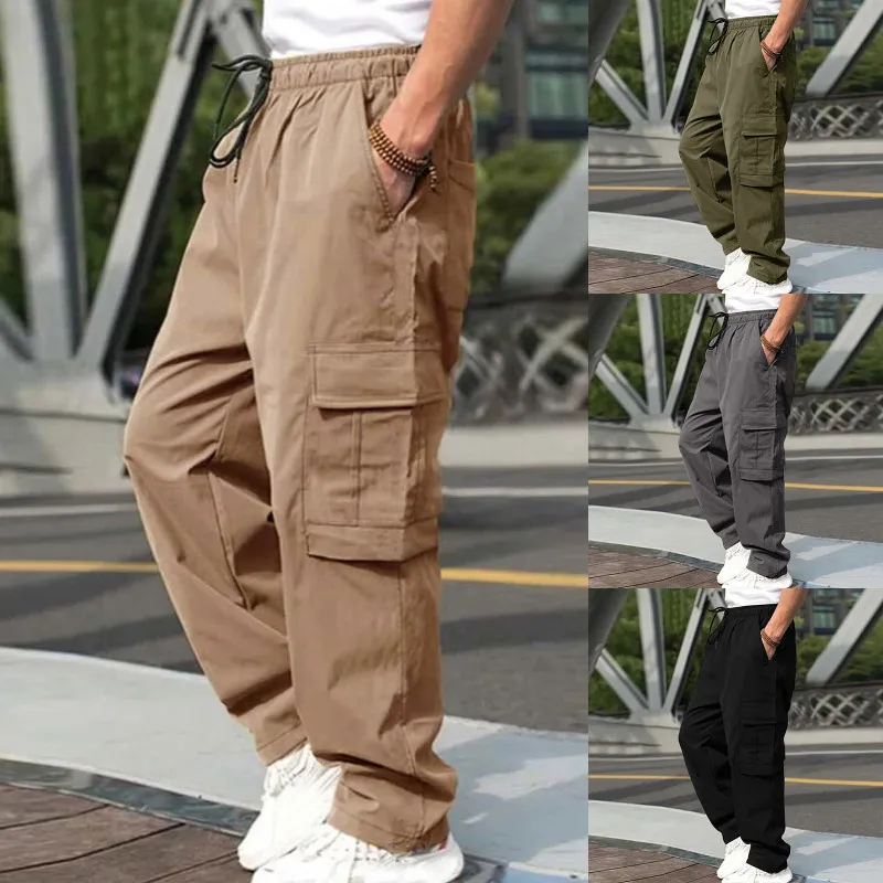 Summer Green Casual Men Loose Straight Multi-Pocket Pants