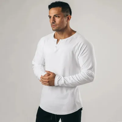 Retro Men Long-Sleeved Solid Color Sports Fitness V-Neck Cotton T-Shirt