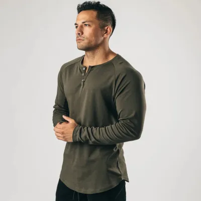 Retro Men Long-Sleeved Solid Color Sports Fitness V-Neck Cotton T-Shirt