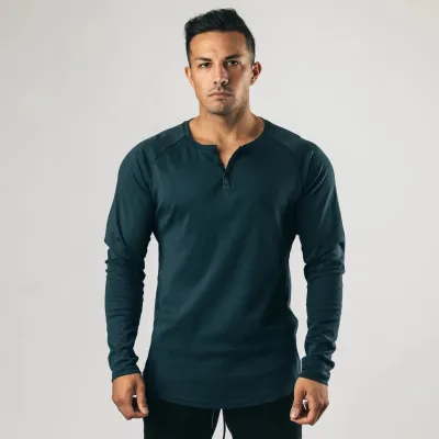 Retro Men Long-Sleeved Solid Color Sports Fitness V-Neck Cotton T-Shirt