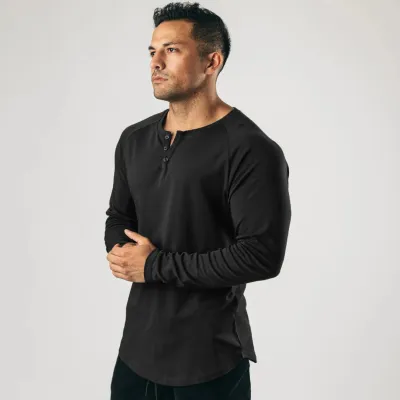 Retro Men Long-Sleeved Solid Color Sports Fitness V-Neck Cotton T-Shirt