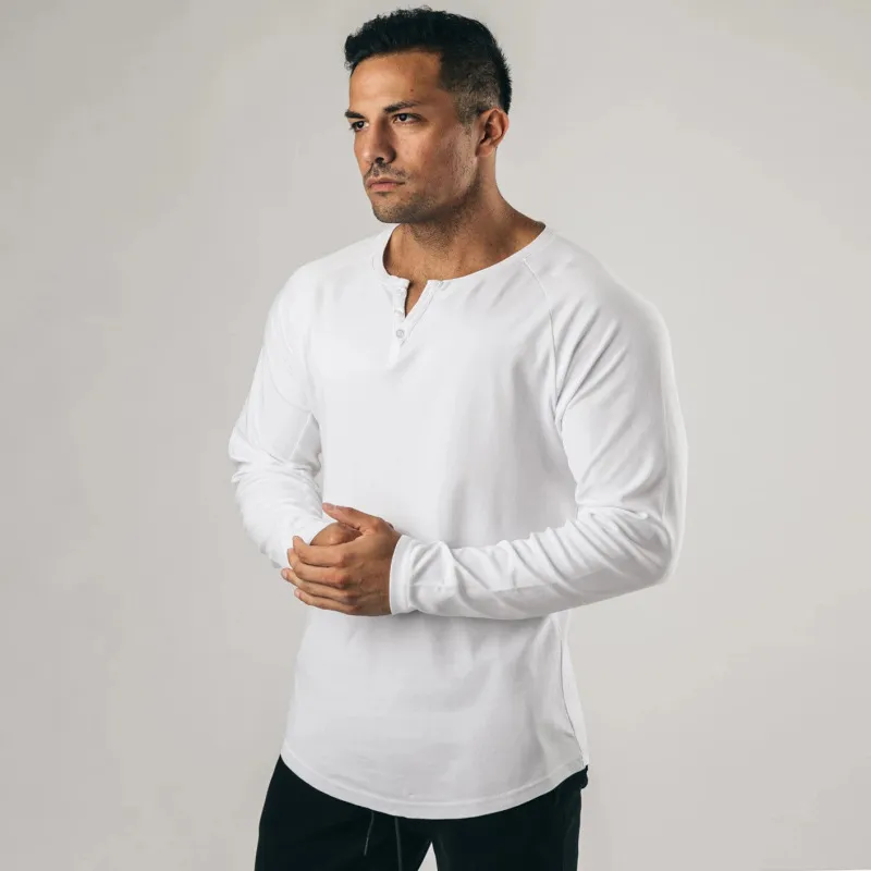 Retro Men Long-Sleeved Solid Color Sports Fitness V-Neck Cotton T-Shirt
